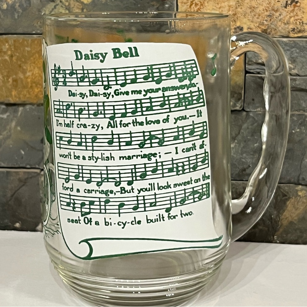 Vintage Daisy Bell Glass Hazel Atlas Mug Glass Big Top 8oz Green Love Heavy